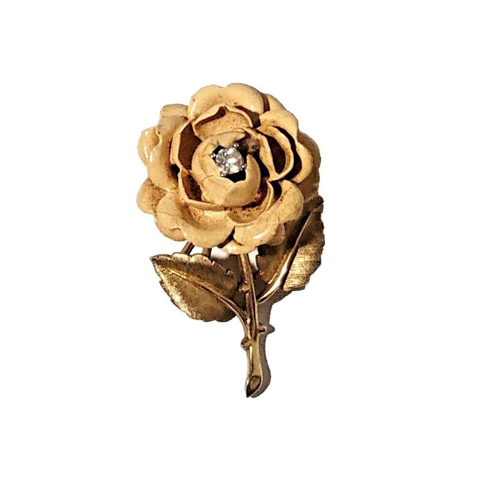 Trifari Flower Brooch Signed Gold Tone Pin Rhinestone Vintage